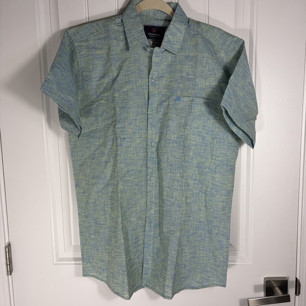 Gossip Designer Urban Fit Short Sleeve Button Front Shirt Men's XL Blue Green